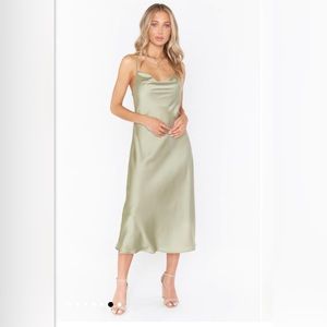 Show Me Your Mumu | Verona Cowl Dress | Moss Green Luxe Satin